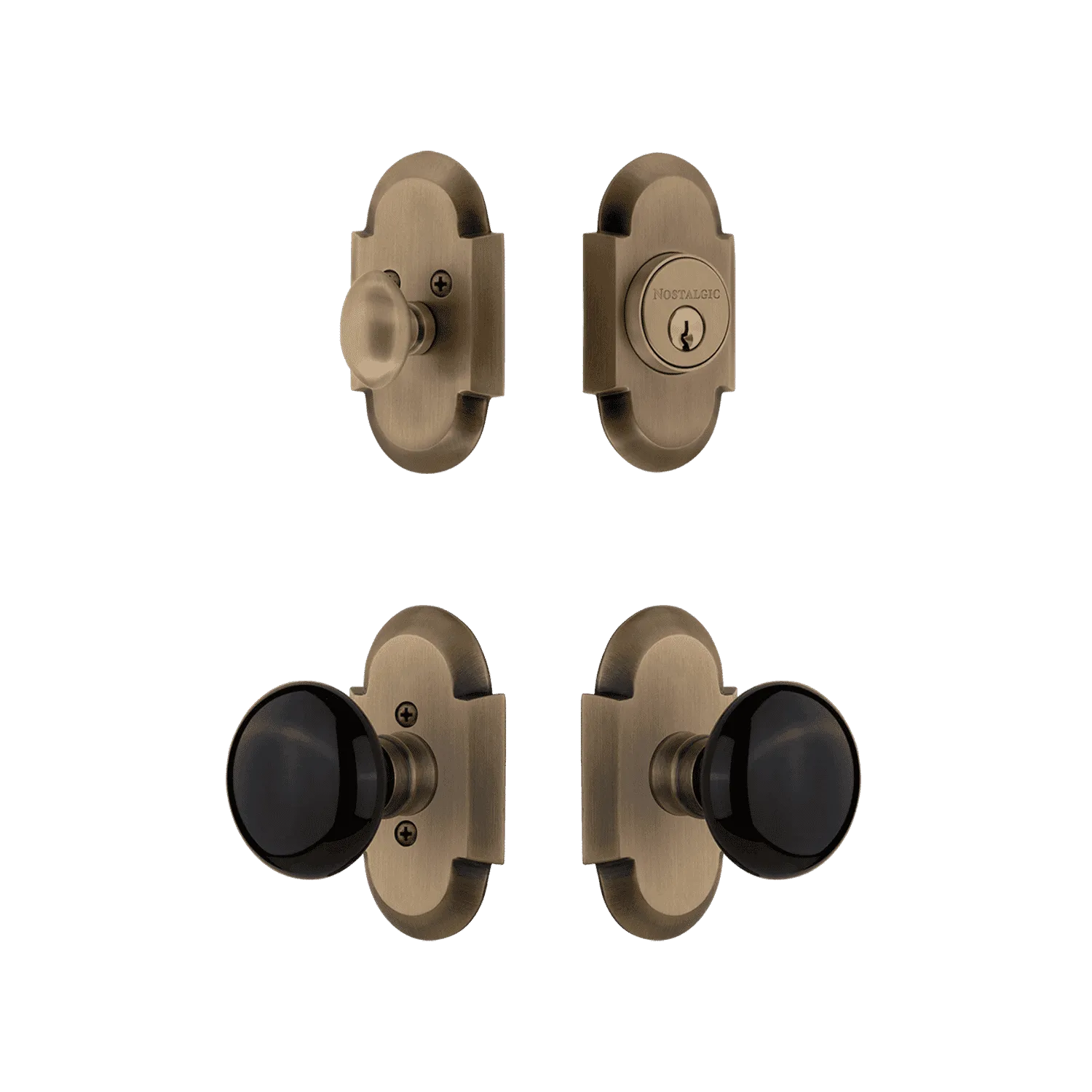 Cottage Entry Set with Black Porcelain Knob in Antique Brass
