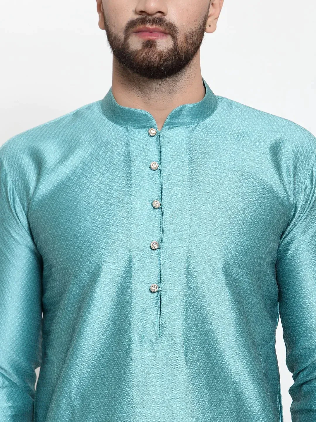 Men Light-Blue & White Self Design Kurta With Churidar