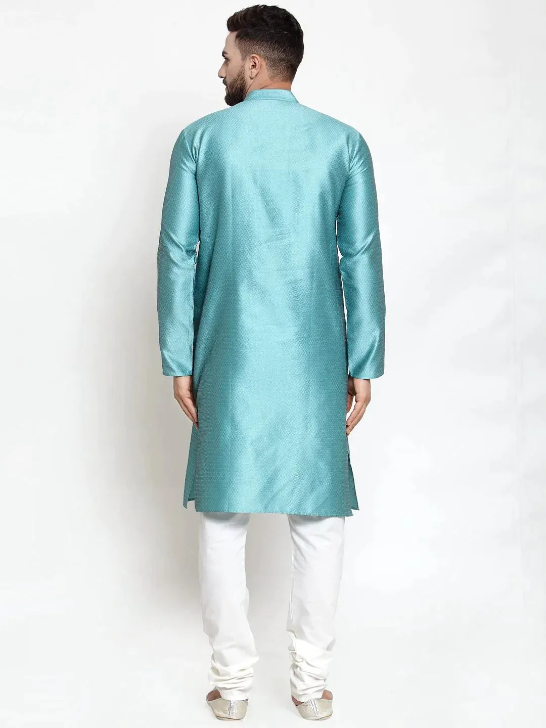 Men Light-Blue & White Self Design Kurta With Churidar