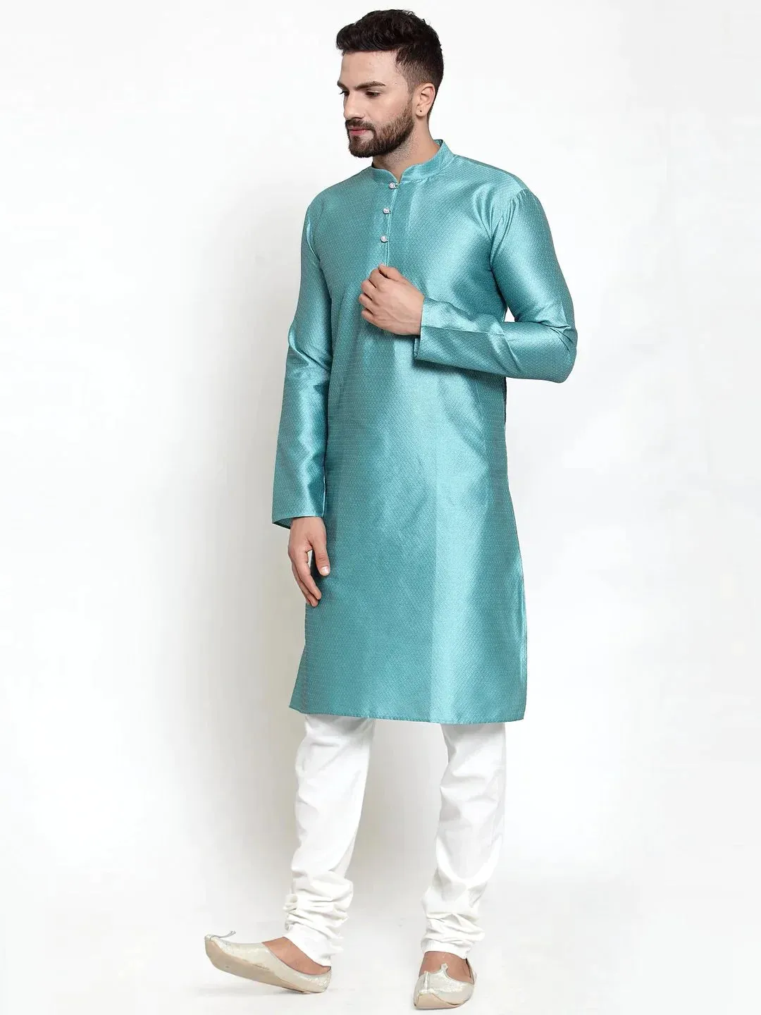 Men Light-Blue & White Self Design Kurta With Churidar