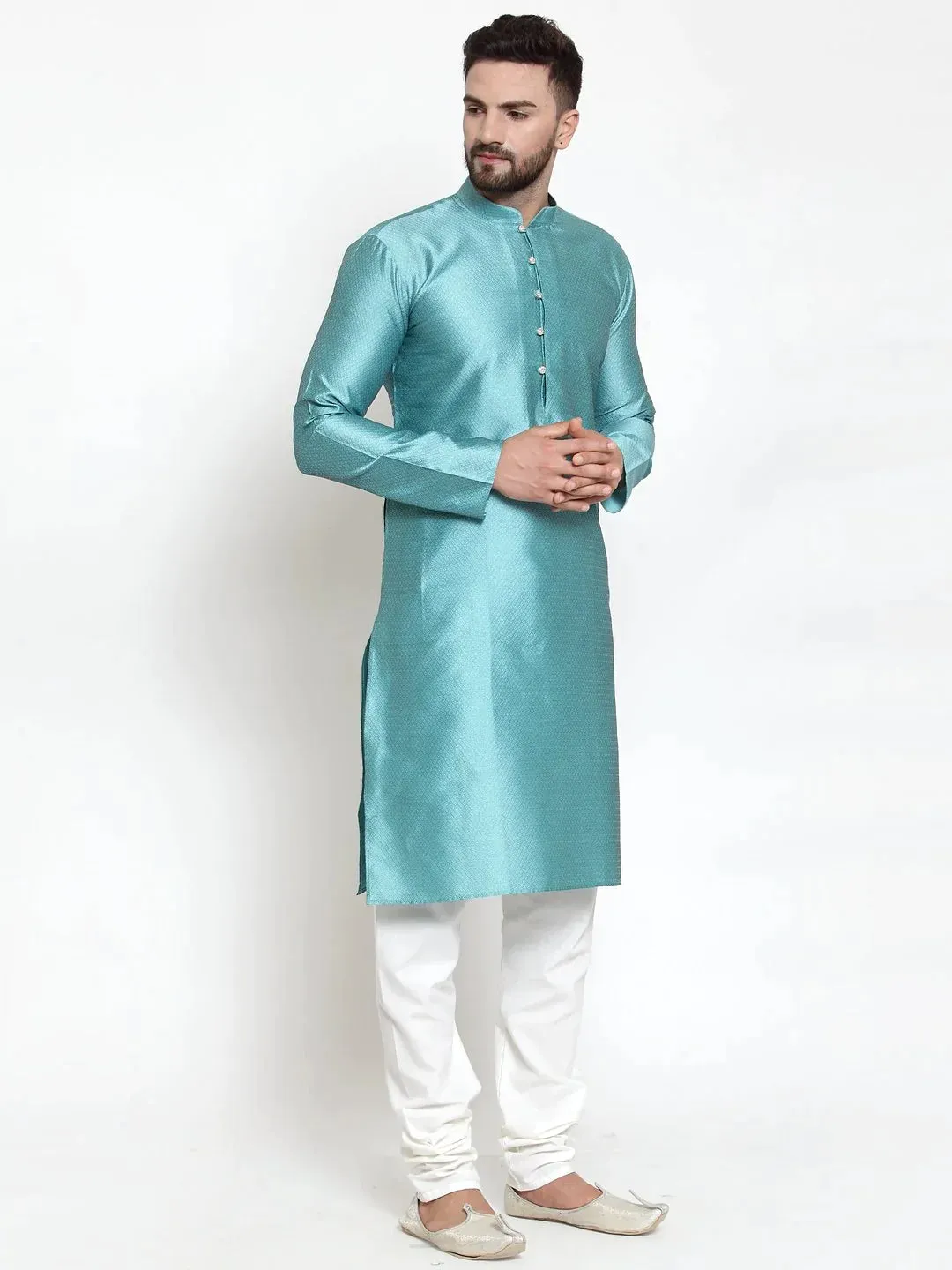 Men Light-Blue & White Self Design Kurta With Churidar