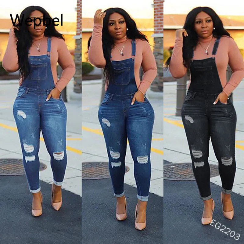 Wepbel Skinny Denim Hemming Pants Jumpsuits Plus Size Denim Overalls Fashion Holes Summer Women Jeans Casual Washed Trousers